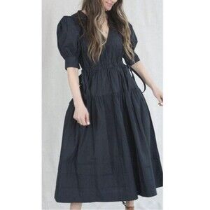 Ulla Johnson Navy Blue Imani Dress Tiered Midi Tie Waist Size 6 Poplin V Neck